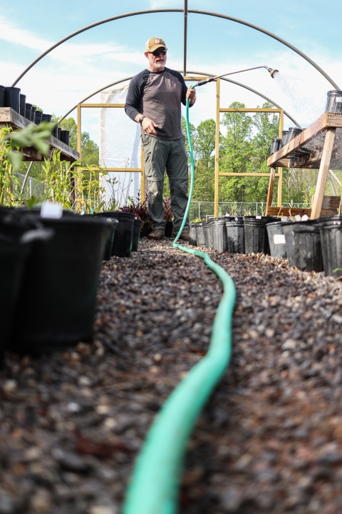 Man holding a garden hose watering potted plants