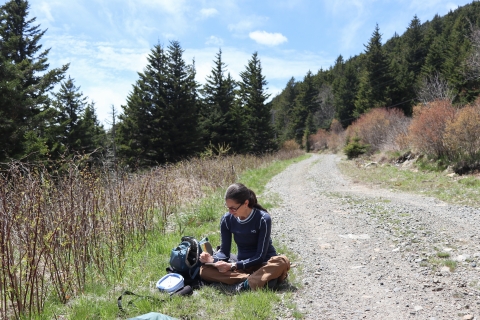 Woman sitting beside a gravel road making notes in a notebook