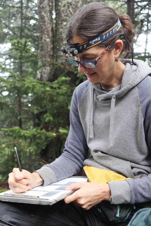 Woman sitting in a forest writing on a paper on a clip board