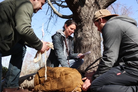 Three people, outdoors, kneeling around a fourth who is laying on the ground