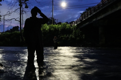 Two people standing in a stream at night looking up at a bridge