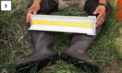 A), B), & C) Examples various sized length boards for measuring fish length. B