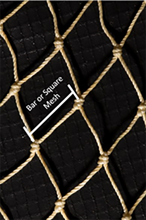 Bar or square mesh measurement indicated on a section of netting.