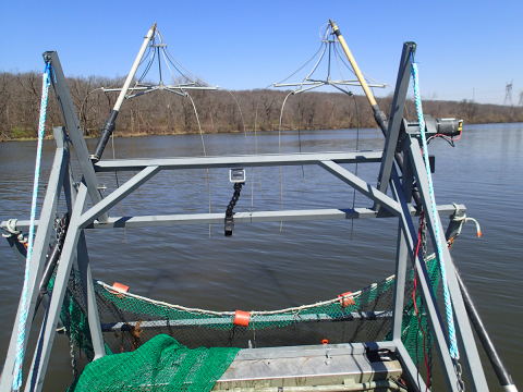 Bow of electrified Dozer Trawl showing trawl netting and boom anode electrodes in non-sampling, raised position.