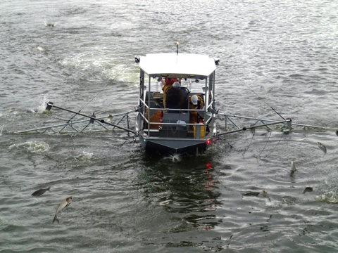 The Paupier boat trawl is sampling a transect in the Illinois River.
