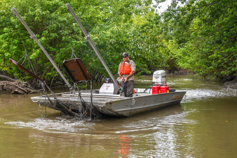 The trawl is nearly fully raised for retrieval