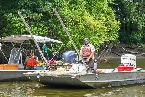 A round shad net push trawl rigged for deployment.