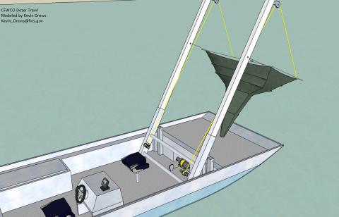 Drawing of a non-electrified Dozer Trawl hardware set-up with netting attached to frame.