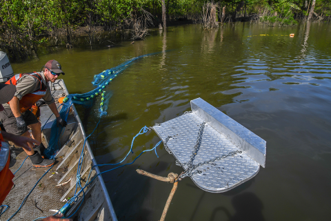 The trawl mouth is out, and the Otter boards follow.