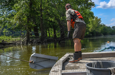 The bow surface trawl is being deployed
