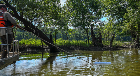 The left-hand Otter board is being deployed from the second vessel.