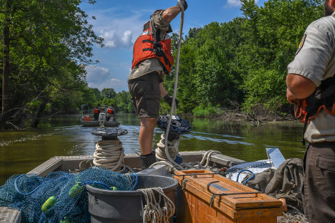 Readying surface trawl for sampling