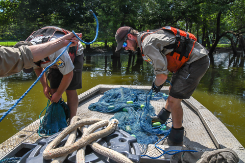 The sweeps on each end of the trawl are being readied to attach to the Otter boards.