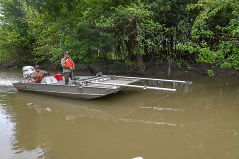 The Otter trawl is in sampling position and is being pushed through the water.