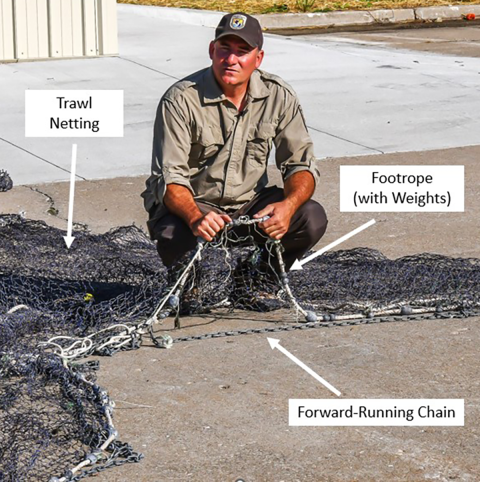 A benthic Otter trawl demonstrating the Footrope and the Forward-Running Chain