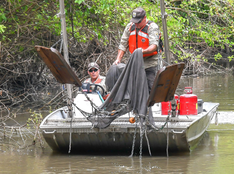 Otter boards and trawl being deployed.