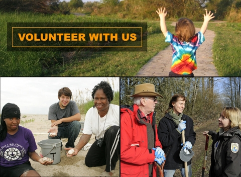 Volunteer with us. Photo collage a little kid with both hands walking down a paved path, teenagers working on beach restoration effort, and Service staff working with volunteers.