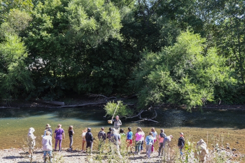 One man standing in a shallow stream, holding a small net with a long handle and facing several kids on shore