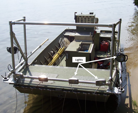 Lights on bow railing for night sampling