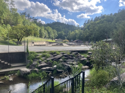 In the distance is a small building. In front of it is a series of concrete raceways, and a small stream.