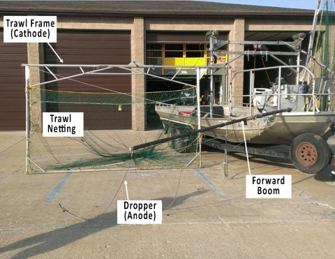 Paupier boat frontal view showing one frame net, and the corresponding forward boom deployed.