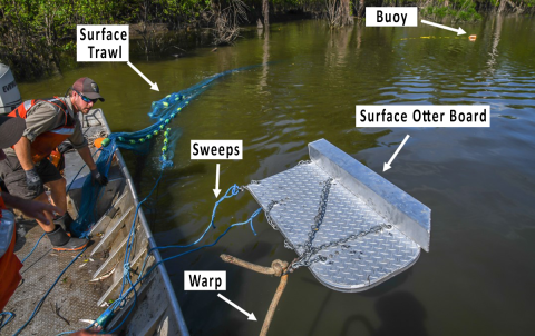 A surface trawl Otter board being deployed.