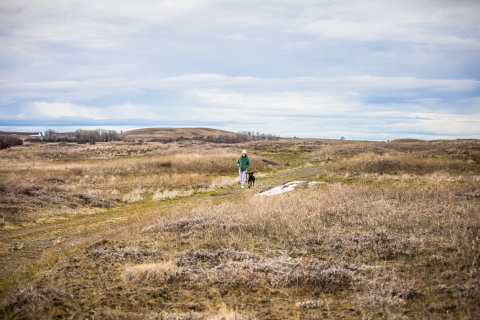 A woman and her dog hiking along a trail in a prarie