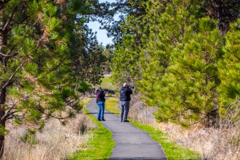 A couple taking photos from a trail