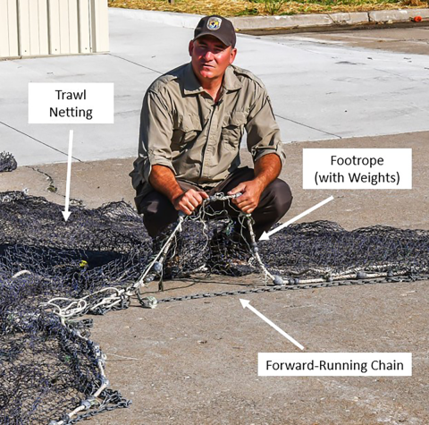 A Benthic trawl closeup of the Footrope and Forward-running chain