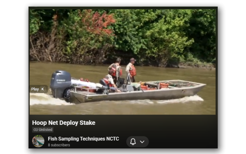 Deployment in moderate current, intermediate-sized hoop net using a stake off cod end