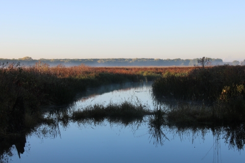 Fog rolls on the water of long meadow lake during a sunrise in October.