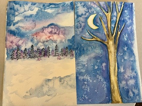 Two watercolor paintings illustrate trees with a dark sky background in a winter scene. Table salt sprinkled onto damp watercolors creates fractal designs in the paint.