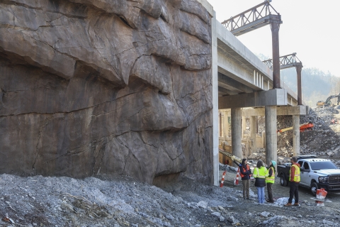 Four biologists standing beside a roadway bridge under construction