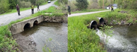 Two images of people assessing fish passage barriers, including dams and stream crossings, within a Winooski River sub-watershed. 
