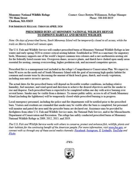 Written press release detailing planned prescribed burn at Monomoy National Wildlife Refuge to improve habitat and benefit wildlife