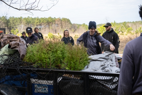 People gather around a trailer to unload small trees to plant