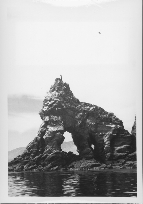 Somewhat distant shot of a large, vaguely bridge-like rock formation located along a body of water. A person can be seen standing atop the summit of the formation.