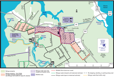 A complex map showing the refuge boundary, roads, and walking trails, colored in purple, green, and yellow to indicate access. For accessibility, please call 252-473-1131