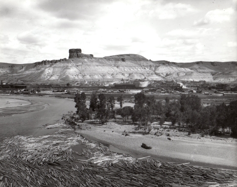 The image shows the Green River near Green River, Wyoming during a tie drive, where lumber was floated down the rivers intended for use as ties on the railroad. The iconic rocks north of Green River are seen in the background and the city of Green River below, with cottonwood trees along the riverbank and logs stacked up like floating toothpicks at the forefront of the image.