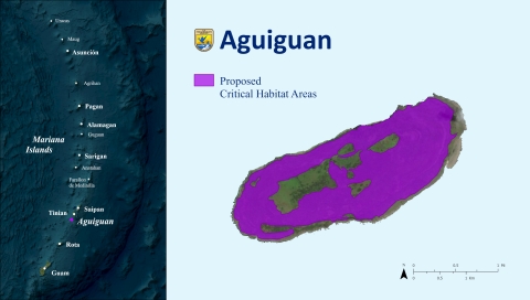 A map highlighting the proposed areas for critical habitat on Aguiguan