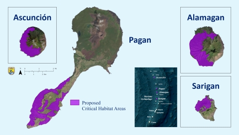 A map highlighting the proposed areas for critical habitat on Alamagan, Ascunción, Pagan, and Sarigan