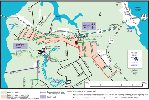 A complex map showing the refuge boundary, roads, and walking trails, colored in purple, green, and yellow to indicate access. For accessibility, please call 252-473-1131