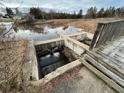 Obsolete Sanback Dam on Beechwood Creek in Rose City, Michigan that is a barrier to migrating fish and other wildlife.