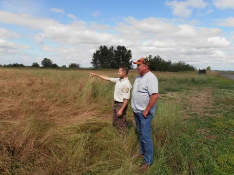 A biologist and a landowner standing in a grassy field looking at the landscape as they discuss restoration potential
