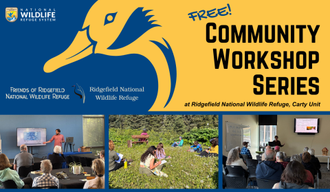 Logo for Community Workshop Series with 3 images of past workshops. Two past workshops are talks with presenters. One past workshop shows people writing in a field.