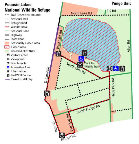 A complex map of the Pungo Unit of Pocosin Lakes National Wildlife Refuge.
