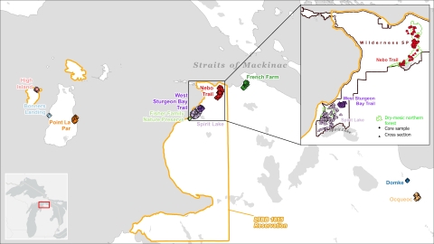 Outline depicting the Straits region and proposed sample sites with Nebo Trail and Spirit Lake Pines being highlighted as focus areas. Contact Andrew K. Bowker at andrew_bowker@fws.gov for more information about this photo.