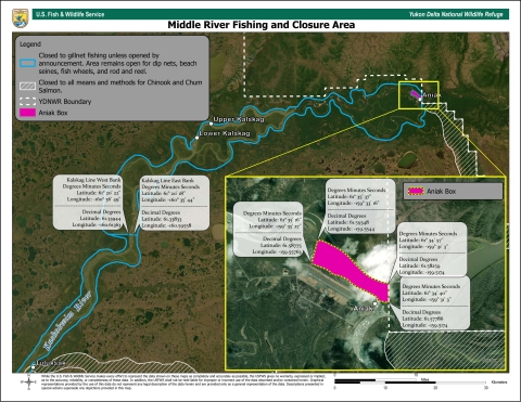 Map showing closure areas on the Kuskokwim River