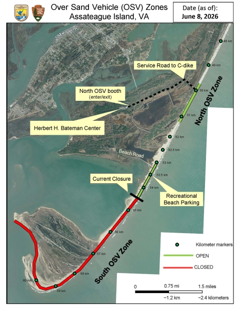 A map of Chincoteague National Wildlife Refuge depicting oversand vehicle areas. Current closure starts between 54 and 55 km markers and extends all the way south. North OSV begins south of 51 km and ends north of 50 km markers.