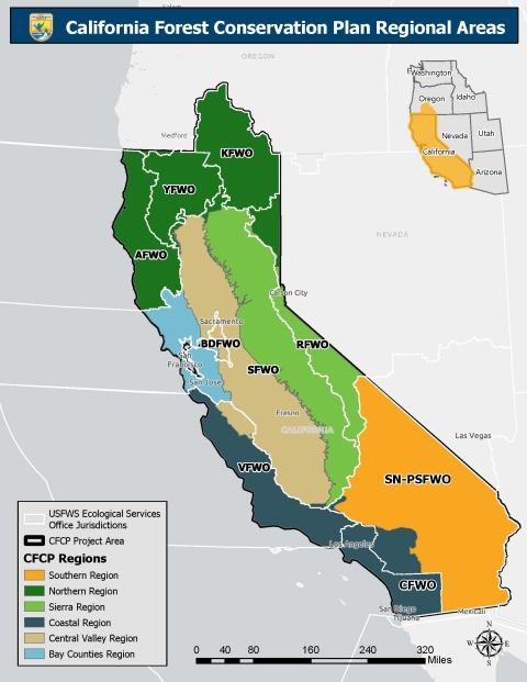 Map of California Forest Conservation Plan Regional Areas. Map by USFWS